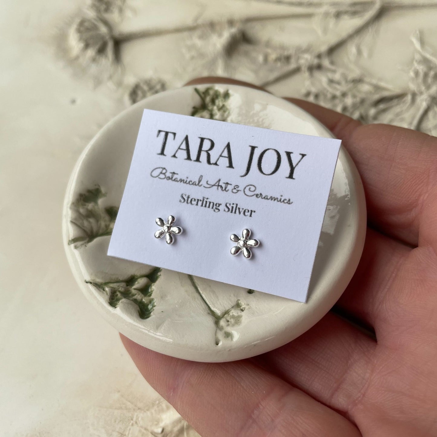 Flower Earring Studs with Cow Parsley Botanical Ceramic Trinket Dish
