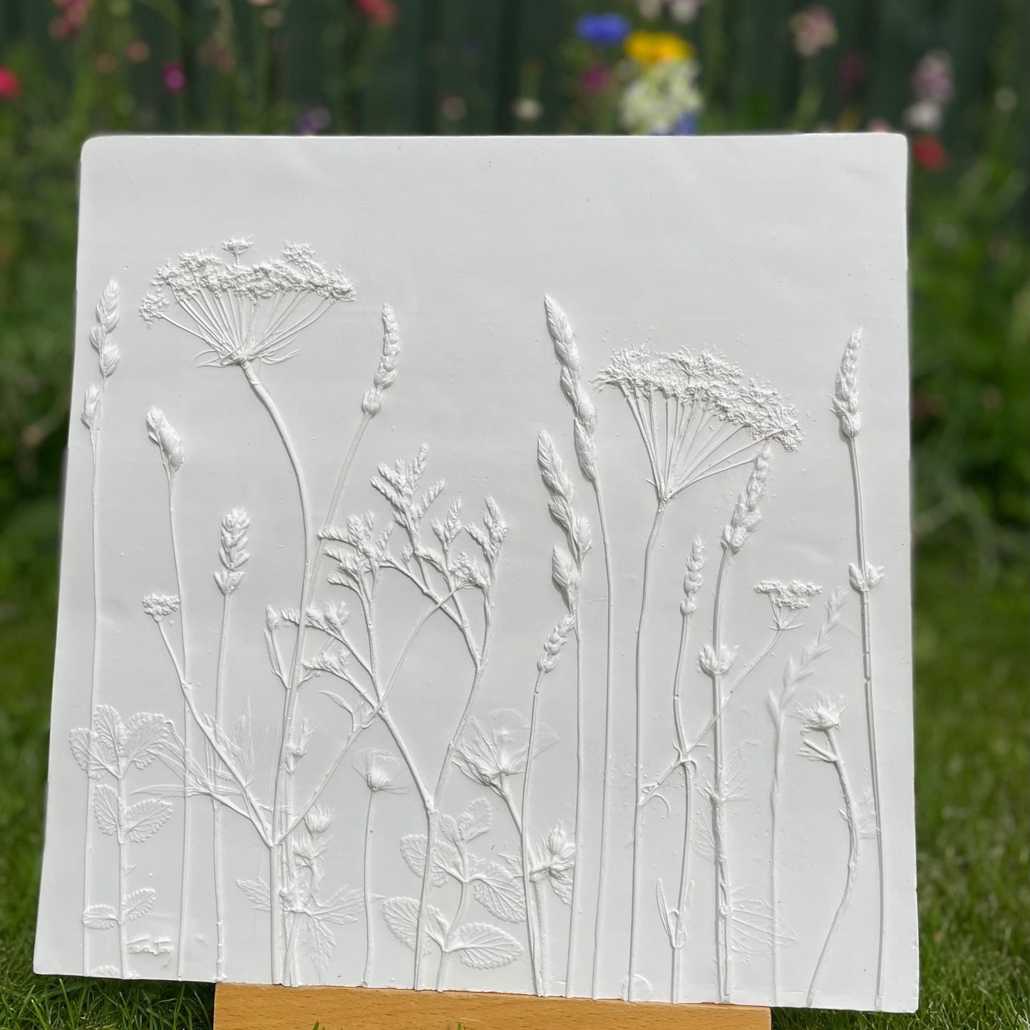 Wildflower Botanical Bas Relief Cast by Tara Joy featuring ammi majus, wild grasses, verbana, lavender, wild mint, buttercup and meadows crane