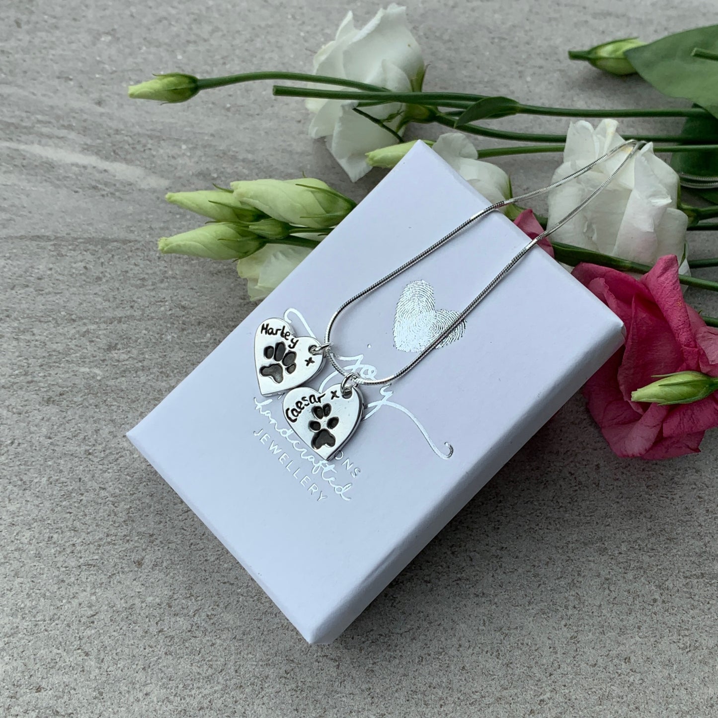 2 heart pawprint charms on sterling silver necklace by Joy Impressions