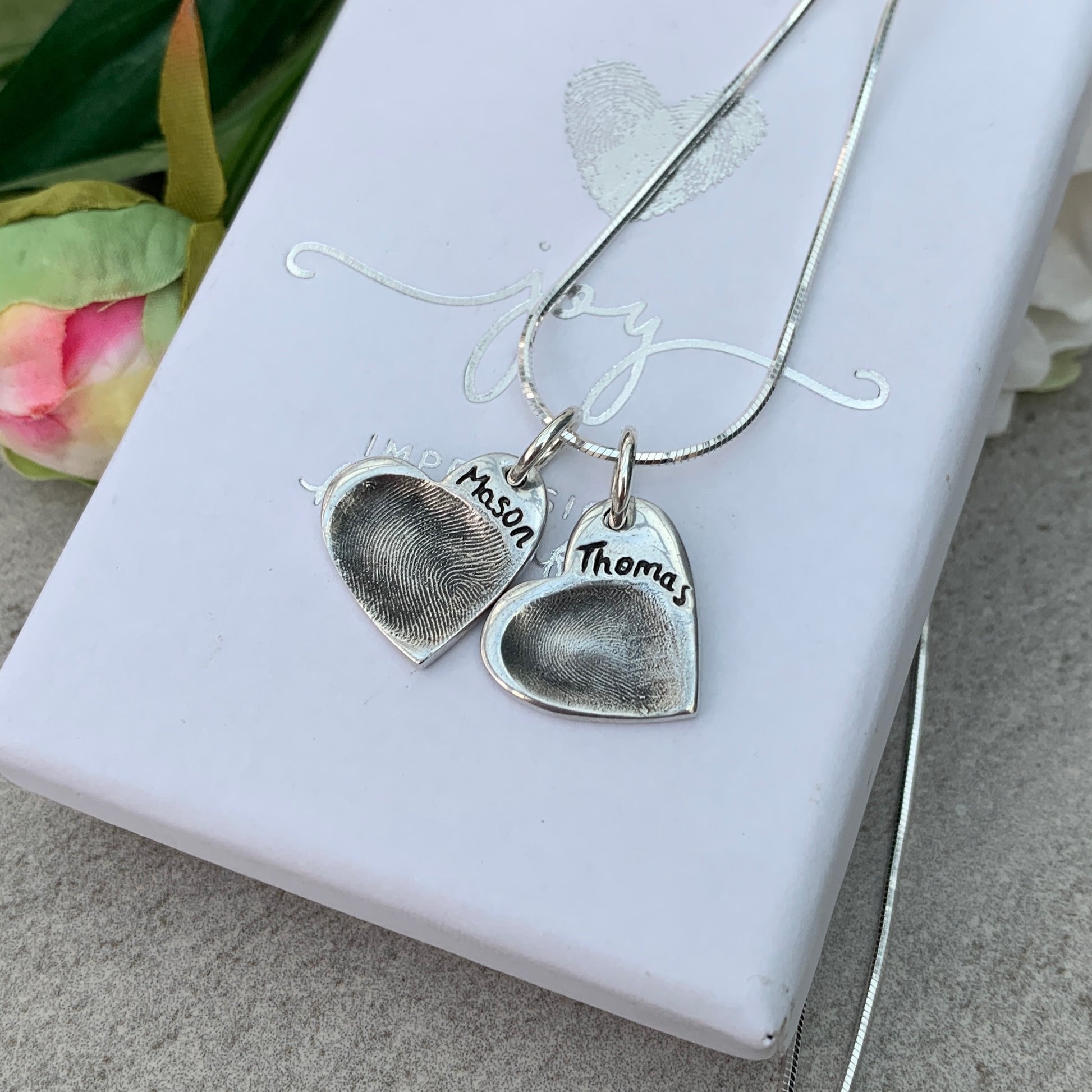 Fingerprint Necklace with 2 fingerprint heart charm by Joy Impressions