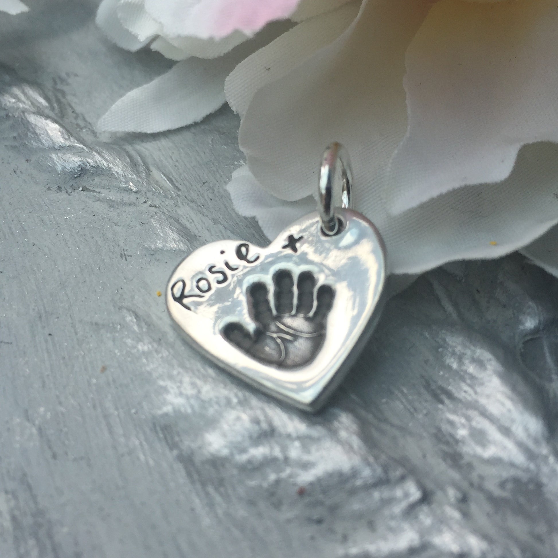 HANDPRINT CHARM WITH NAME AND KISS ON FRONT BY JOY IMPRESSIONS