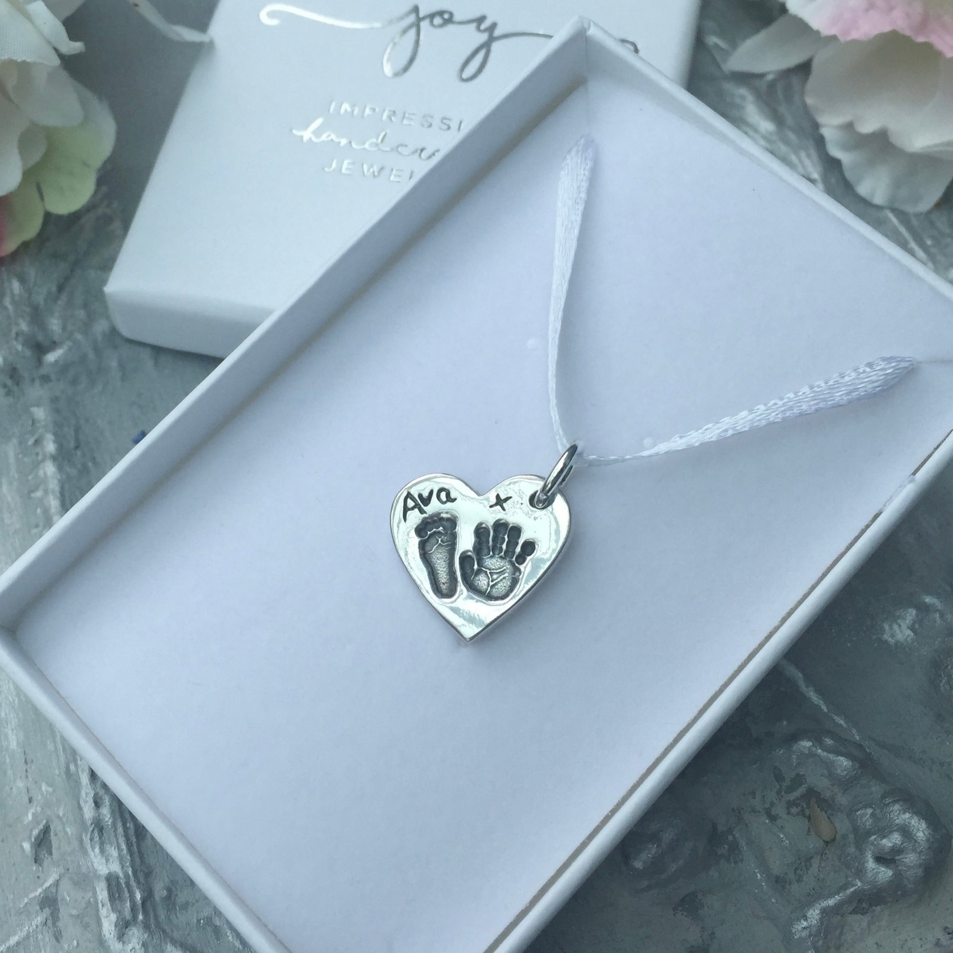 HAND AND FOOTPRINT CHARM WITH NAME AND KISS ON FRONT BY JOY IMPRESSIONS