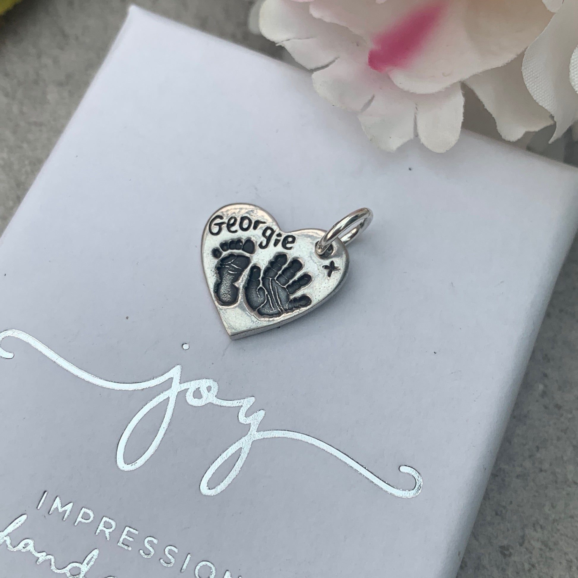 Hand and Footprint Sterling Silver Charm by Joy Impressions - close up