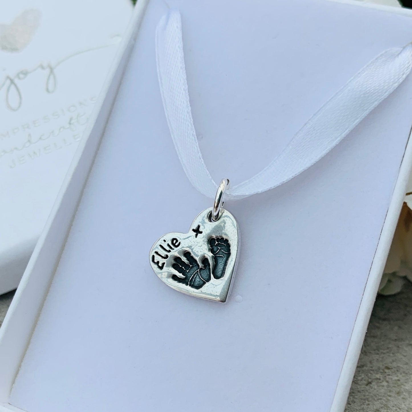 Hand and Footprint Sterling Silver Charm by Joy Impressions presented in jewellery box
