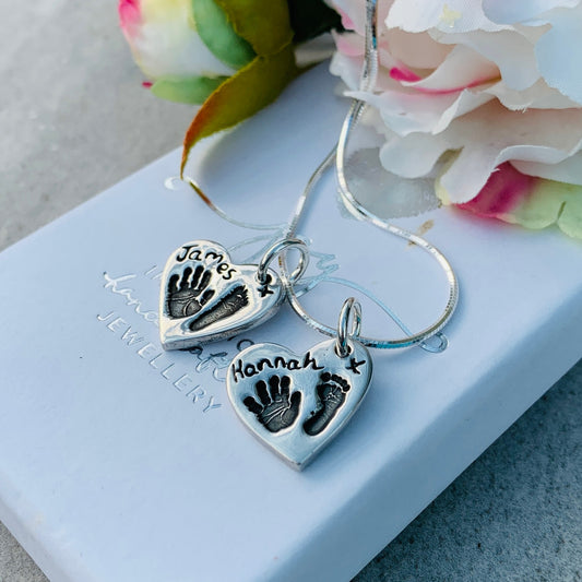 Hand and Footprint Heart Necklace with 2 Charms
