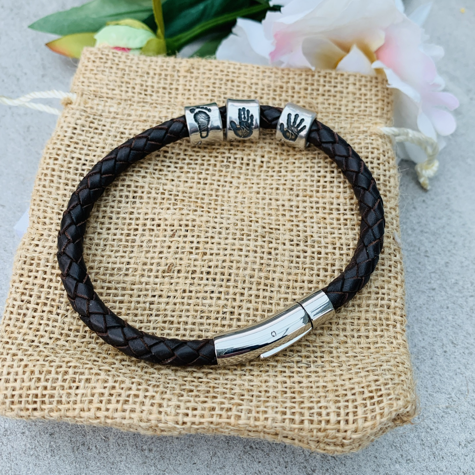 Mens Leather Bracelet with 3 personalised handprint beads by Joy Impressions