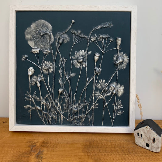 Meadow Botanical Cast Deep Blue  & Silver in White Frame