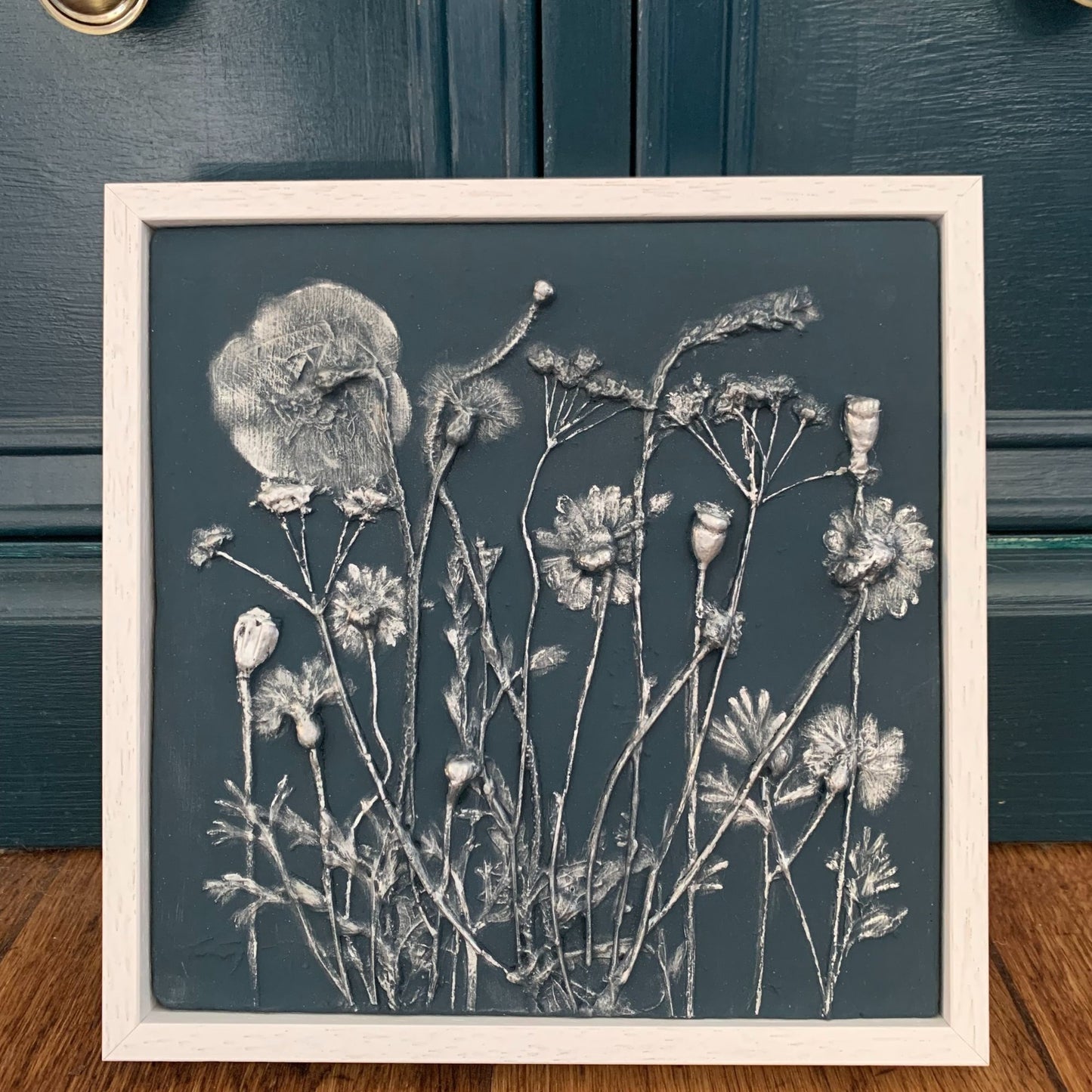 Meadow Botanical Cast Deep Blue  & Silver in White Frame