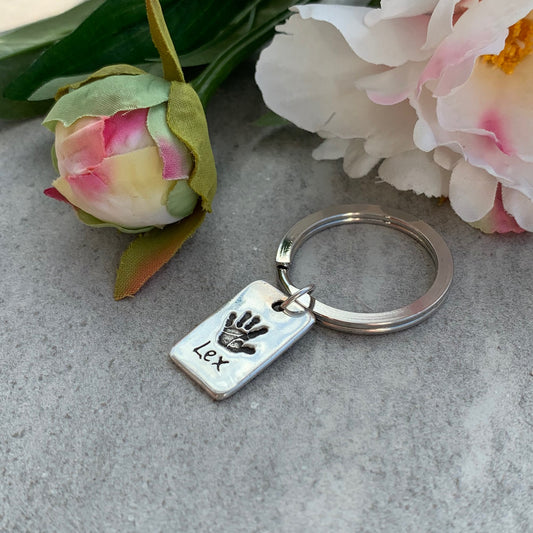 Personalised Rectangle Handprint Keyring using your loved ones prints by Joy Impressions