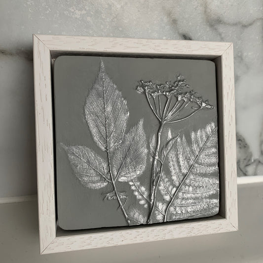 Square Cow Parsley, Fern and Bramble Leaf Cast Framed - Light Grey and Silver - Joy Impressions